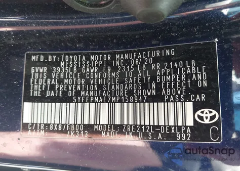 2021 Toyota Corolla Le z USA, uszkodzony, nr VIN 5YFEPMAE7MP158947